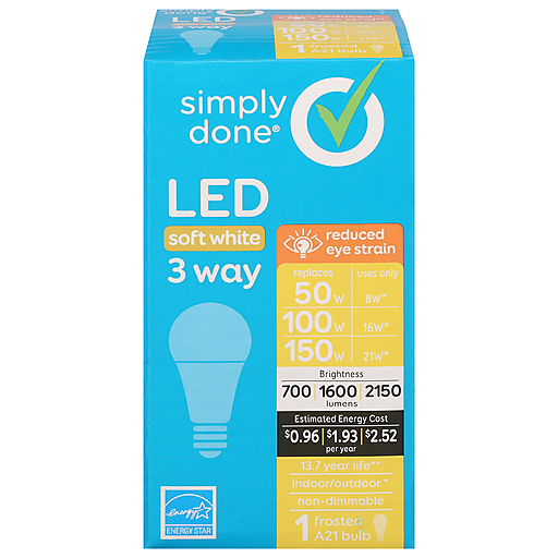 Simply Done Light Bulb Led 3 Way Soft White 8 16 21 Watts 1 Ea