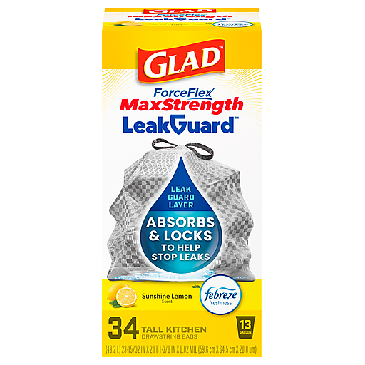 Glad Max Strength Leak Guard Tall Kitchen 13 Gallon Sunshine Lemon Scent Drawstring Bags 34 ea