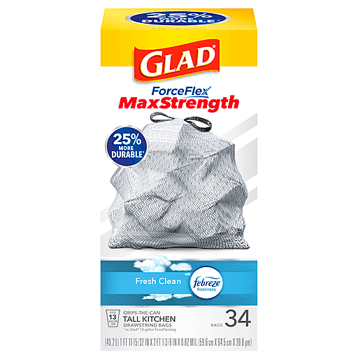 Glad ForceFlexPlus X-Large Kitchen Drawstring Bags - Fresh Clean with  Febreze Freshness - Large Size - 20 gal
