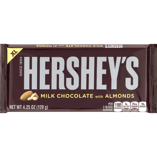 HERSHEY'S Milk Chocolate With Almonds XL, Candy Bar, 4.25 Oz (16 Pieces), Chocolate