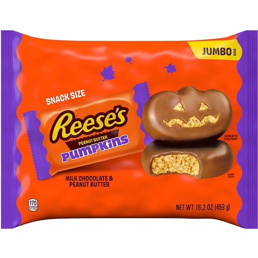 REESE'S Milk Chocolate Snack Size Peanut Butter Pumpkins, Halloween Candy Jumbo Bag, 16.2 oz
