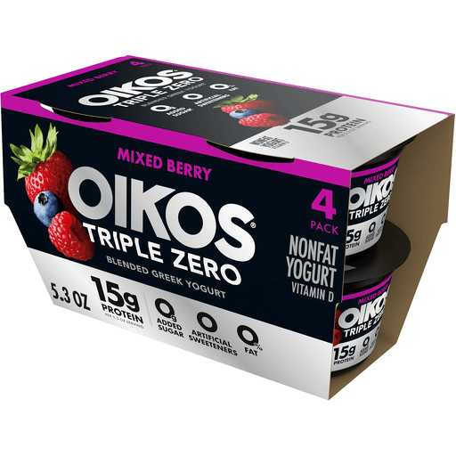 Dannon Oikos Triple Zero Yogurt, 4 Pack, Mixed Berry