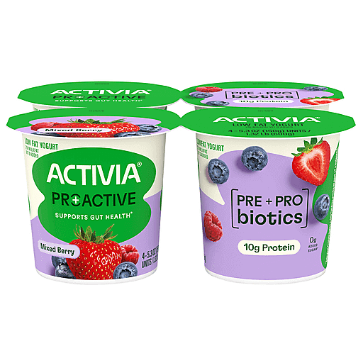 Activia Proactive Mixed Berry Prebiotic and Probiotic Yogurt, Creamy Low Fat Yogurt Cups, 5.3 oz, 4 Count​