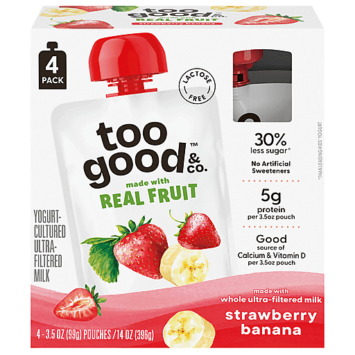 Too Good & Co. Strawberry Banana Yogurt-Cultured Ultra-Filtered Milk Pouches, Portable Kids Snacks Made with Real Fruit, 3.5 oz, 4 Count​