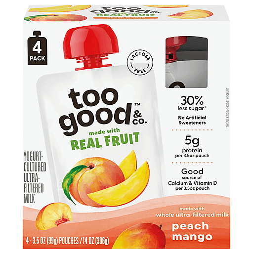 Too Good & Co. Peach Mango Yogurt-Cultured Ultra-Filtered Milk Pouches, Portable Kids Snacks Made with Real Fruit, 3.5 oz, 4 Count​