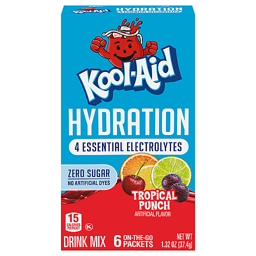 Kool-Aid Hydration Electrolyte Powder Drink Mix, 6 On-the-Go-Packets, for Easy and Flavorful Hydration, Tropical Punch Artificial Flavor, Zero Sugar, No Artificial Dyes, Low Calorie, 1.32 oz Box