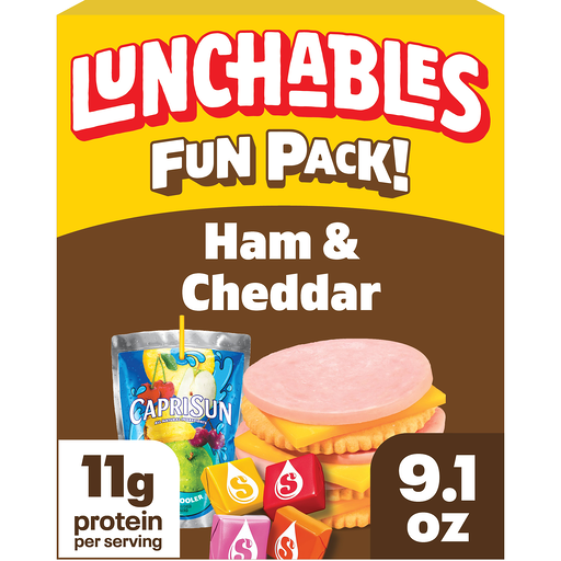 Lunchables Fun Pack Ham & Cheddar Cheese and Crackers with Capri Sun Pacific Cooler and Starburst Fruit Chews Lunch Kit, 1 Box, for Kids Lunch, School Snacks, 10g Protein Snacks, 9.1 oz