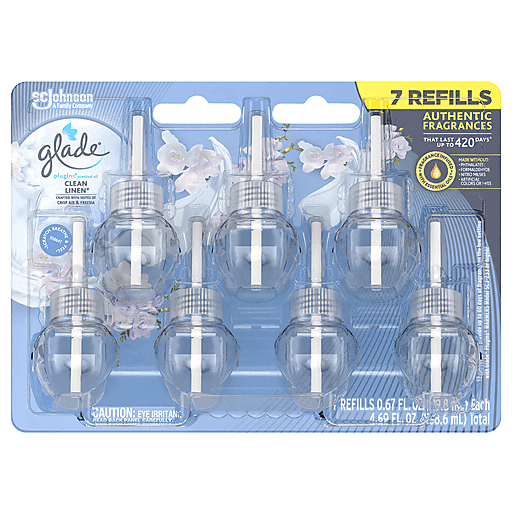 Glade PlugIns Scented Oil Refill Clean Linen, Essential Oil Infused Wall Plug In, 4.69 fl oz, Pack of 7