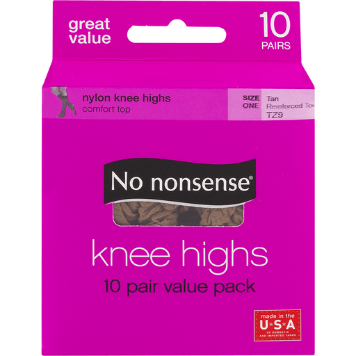 No Nonsense Knee Highs, Nylon, Reinforced Toe, Size One, Tan