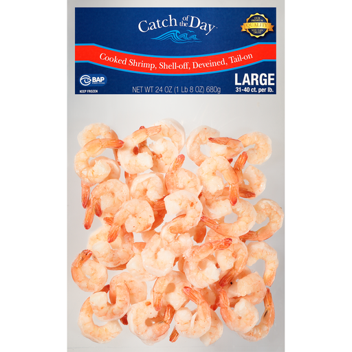 Catch of the Day® Large Cooked Shrimp, Shell-off, Deveined, Tail-on 24 oz. Bag