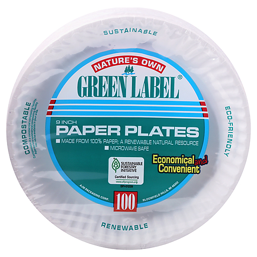 Natures Own Green Label 9 Inch Paper Plates 100 Ea, Plates