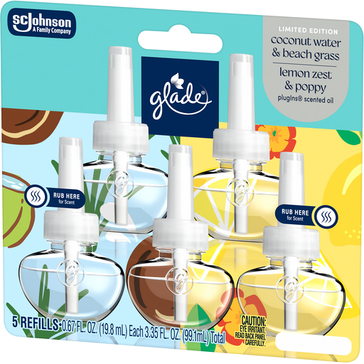 Glade® PlugIns®,Coconut Water & Beach Grass and Lemon Zest & Poppy Scented Oils, 3.35 oz, 5 count