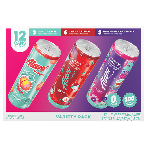 Alani Nu Juicy Peach/Cherry Slush/Hawaiian Shaved Ice Energy Drink Variety Pack 12 ea