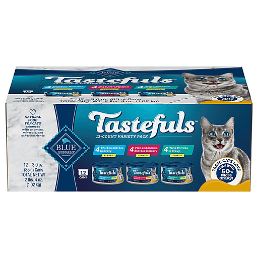 Blue Buffalo Natural Flaked Chicken Entree In Gravy/Fish And Shrimp Entree In Gravy/Tuna Entree In Gravy Food For Cats Variety Pack 12 ea