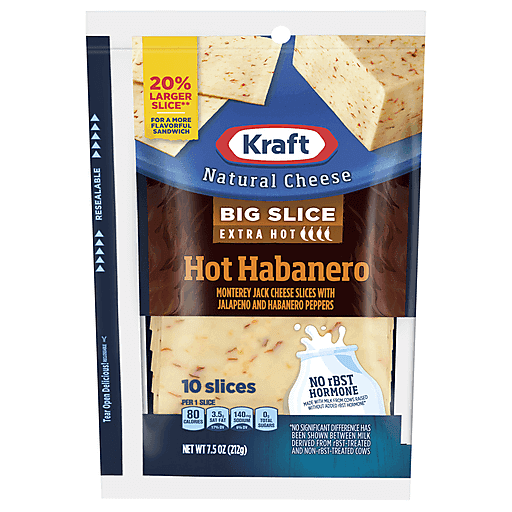 Kraft Big Slice Hot Habanero Monterey Jack Cheese Slices with Extra Hot Jalapeno & Habanero Peppers, 10 ct Pack