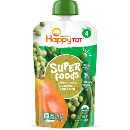 Happy Tot Fruit & Veggie Blend, Pears, Green Beans & Peas + Super Chia, 4 (Tots & Tykes) 8 ea